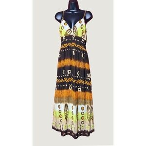 She's Cool Maxi Dress Women Large Brown Multi Tribal Print Good Smocked Boho